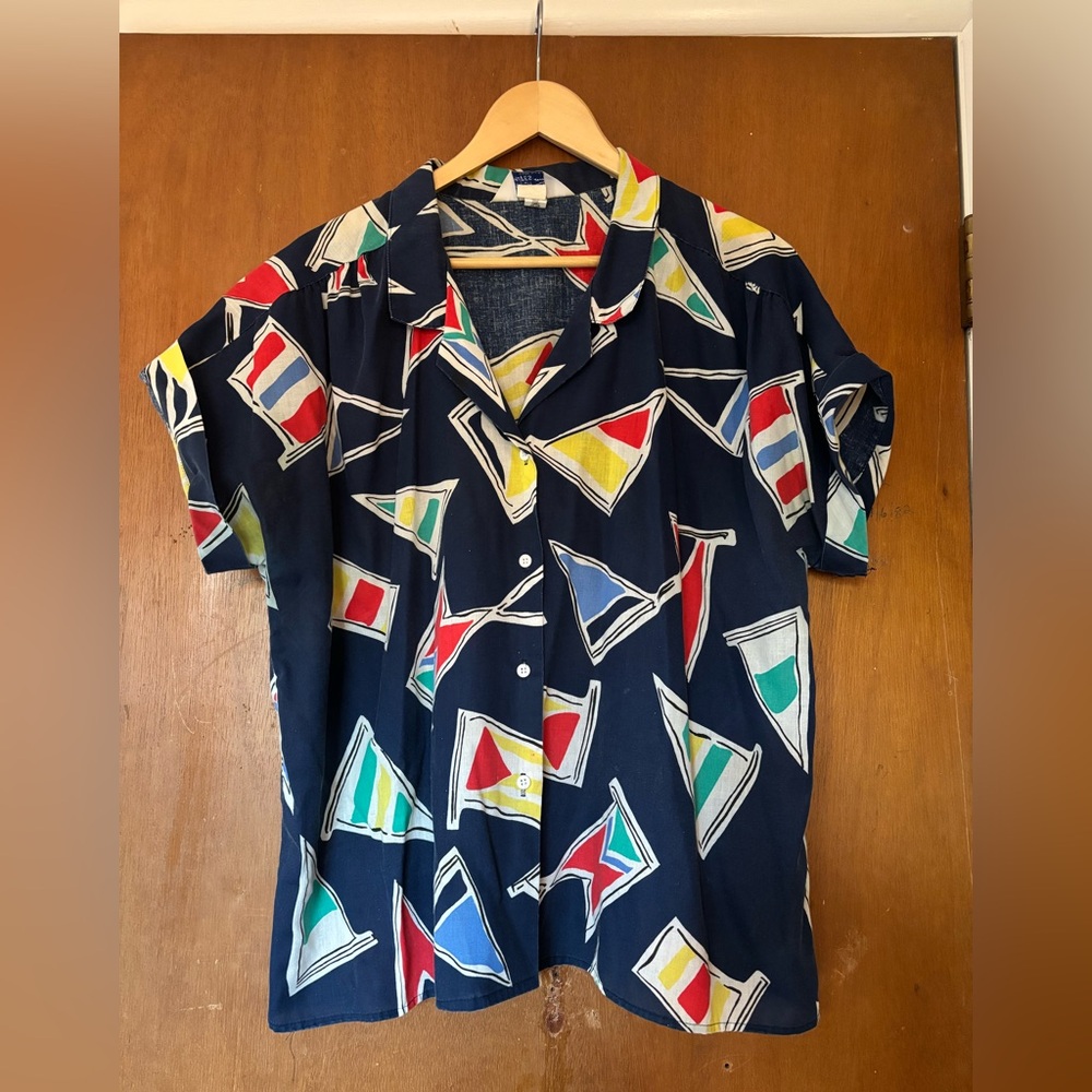 Vintage Navy Button-Down Shirt with Red, Yellow, Green, and Blue Sailboat Prints